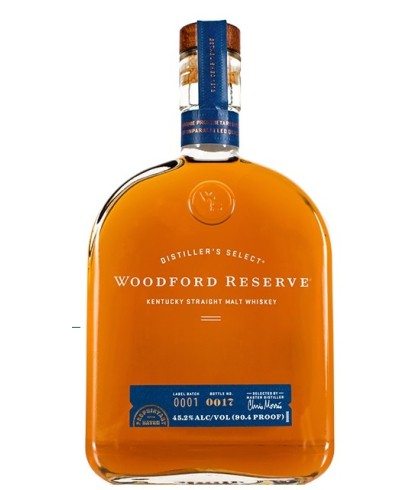 Fles Woodford Reserve Straight Malt Whiskey, Amerikaanse whiskey uit Kentucky, op voorraad bij slijterij t Bockje in Bathmen