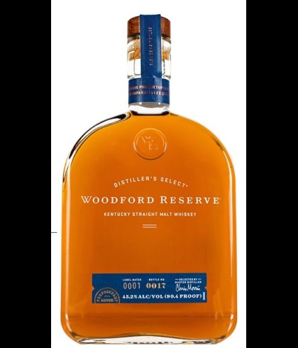 Fles Woodford Reserve Straight Malt Whiskey, Amerikaanse whiskey uit Kentucky, op voorraad bij slijterij t Bockje in Bathmen