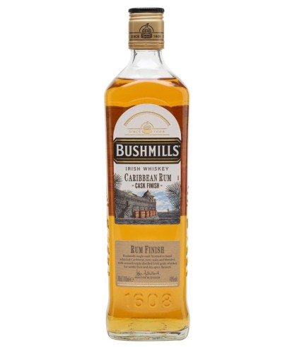 Fles Bushmills Caribbean Rum Cask Finish, single malt whisky, op voorraad bij slijterij t Bockje in Bathmen
