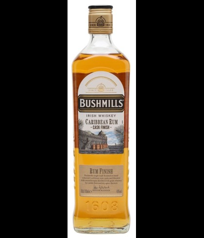 Fles Bushmills Caribbean Rum Cask Finish, single malt whisky, op voorraad bij slijterij t Bockje in Bathmen