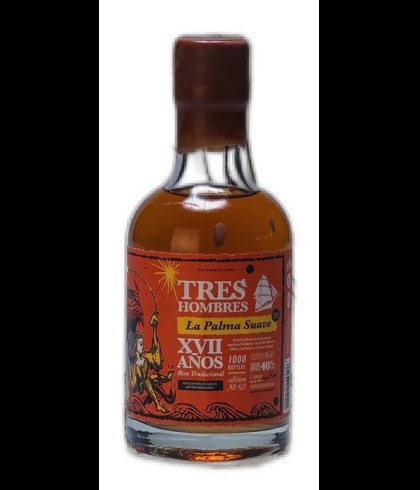 Fles Tres Hombres Rum Ed. 63 La Palma Suave XVII mini, rum, op voorraad bij slijterij t Bockje in Bathmen