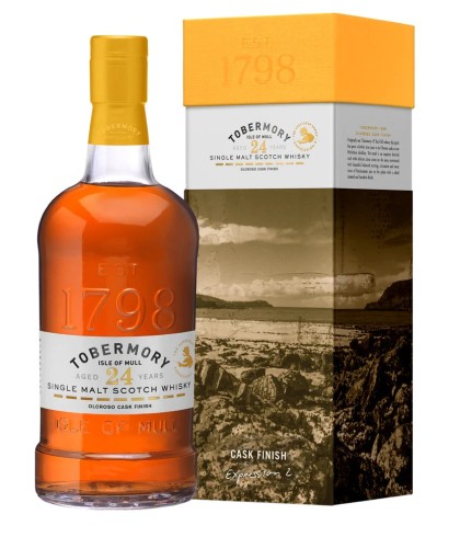 Fles Tobermory 24 Years Old Oloroso Cask Finish, single malt whisky van het eiland Mull, op voorraad bij slijterij t Bockje in Bathmen