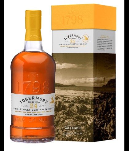 Fles Tobermory 24 Years Old Oloroso Cask Finish, single malt whisky van het eiland Mull, op voorraad bij slijterij t Bockje in Bathmen