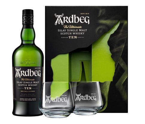 Geschenk Arbeg 10 Years old Islay single malt whisky geschenk + 2 glazen, bij slijterij ’t Bockje in Bathmen
