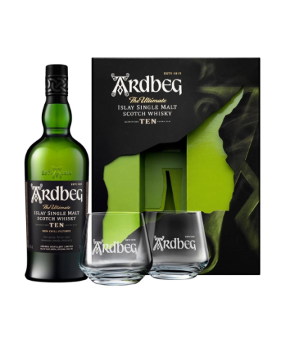Geschenk Arbeg 10 Years old Islay single malt whisky geschenk + 2 glazen, bij slijterij ’t Bockje in Bathmen