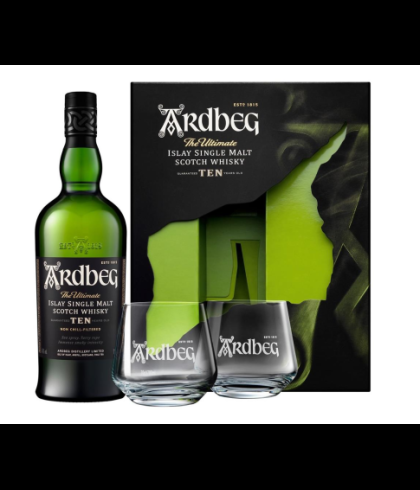 Geschenk Arbeg 10 Years old Islay single malt whisky geschenk + 2 glazen, bij slijterij ’t Bockje in Bathmen