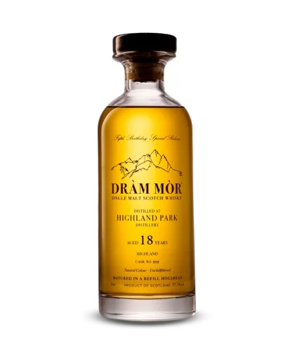 Fles Dràm Mòr Highland Park 18 Years Old 2006, single malt whisky, op voorraad bij slijterij ’t Bockje in Bathmen