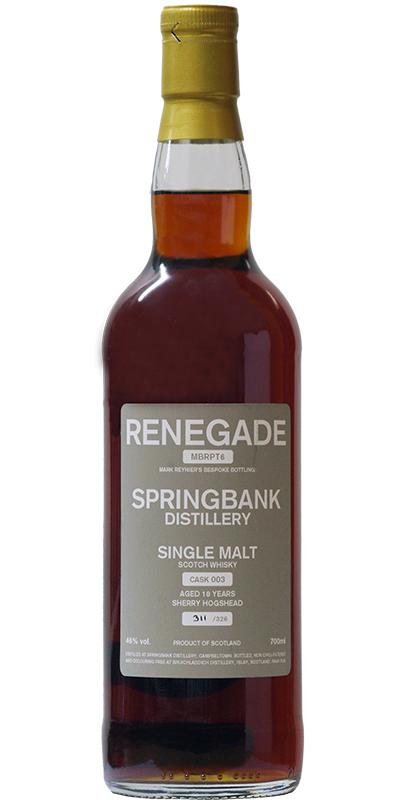 Fles SPRINGBANK 18 Y Renegade Cask 003, single malt whisky, op voorraad bij slijterij t Bockje in Bathmen