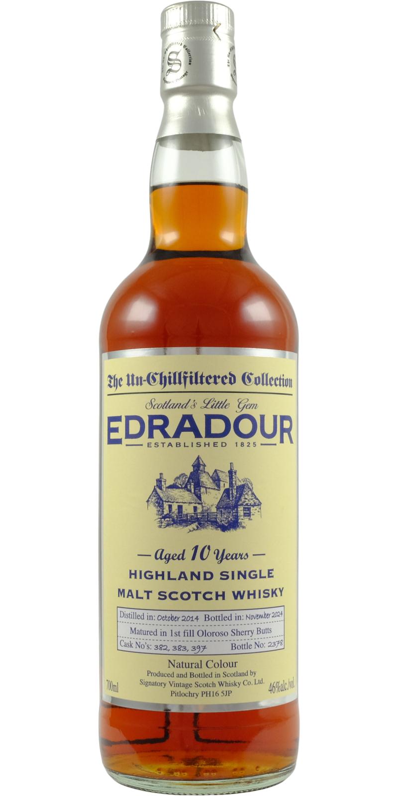 Fles Signatory Un-Chillfiltered Collection Edradour 10Y 2014 #382 + 383 + 397, enkel vat gebotteld door Signatory Vintage, op voorraad bij slijterij t Bockje in Bathmen