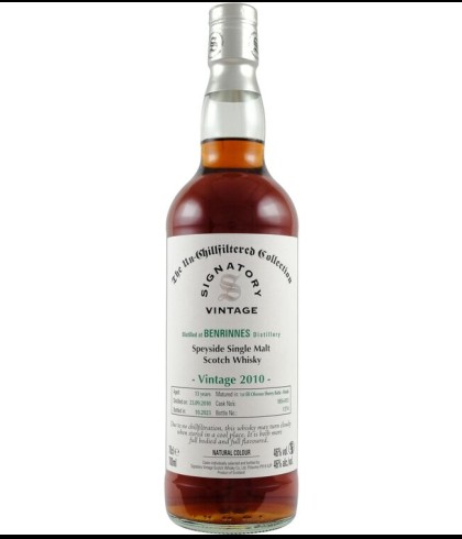 Fles Signatory Un-Chillfiltered Benrinnes 13 Years Old 2010, single malt whisky, op voorraad bij slijterij t Bockje in Bathmen