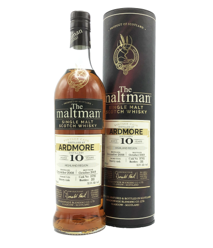 Fles The Maltman Ardmore 10 Years Old 2008, enkel vat gebotteld door The Maltman uit Glasgow, op voorraad bij slijterij t Bockje in Bathmen