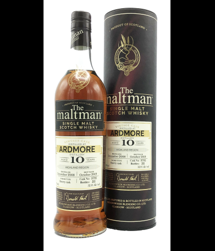 Fles The Maltman Ardmore 10 Years Old 2008, enkel vat gebotteld door The Maltman uit Glasgow, op voorraad bij slijterij t Bockje in Bathmen