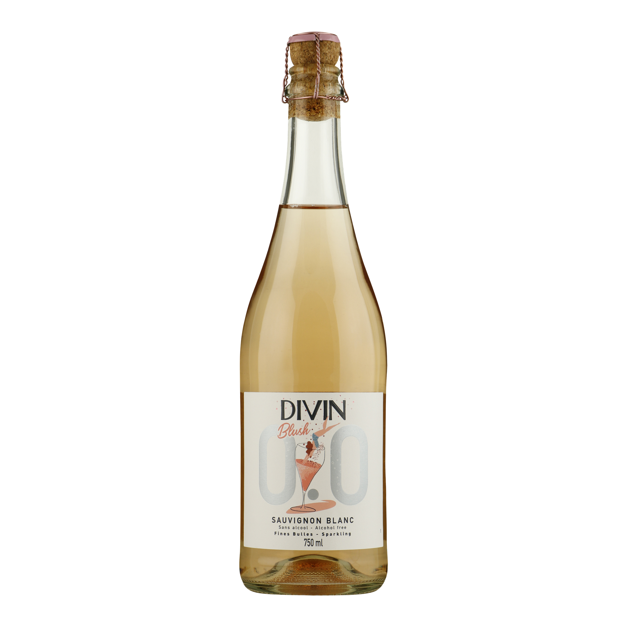 Alcoholvrije drank Divin Sparkling Sauvignon Blanc Blush 0.0 van Divin, op voorraad bij slijterij ’t Bockje in Bathmen