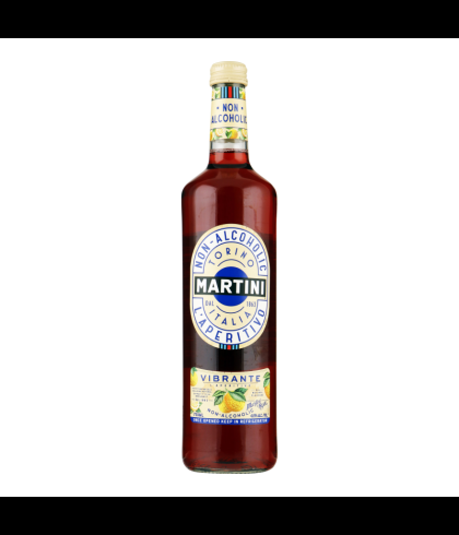 Fles Martini Vibrante alcoholvrij van 75 centiliter, alcoholvrij aperitief met bergamotsinaasappel, op voorraad bij slijterij t Bockje in Bathmen