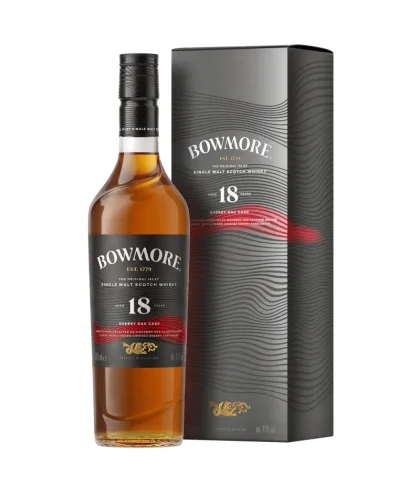 Fles Bowmore 18 Years Old Sherry Oak Cask, single malt whisky, op voorraad bij slijterij t Bockje in Bathmen