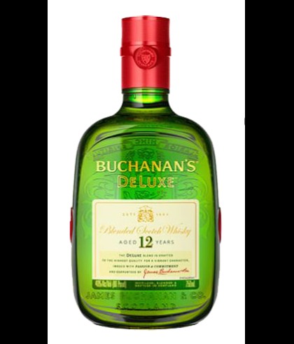 Fles Buchanan's De Luxe 12 Years Old, whisky, op voorraad bij slijterij t Bockje in Bathmen