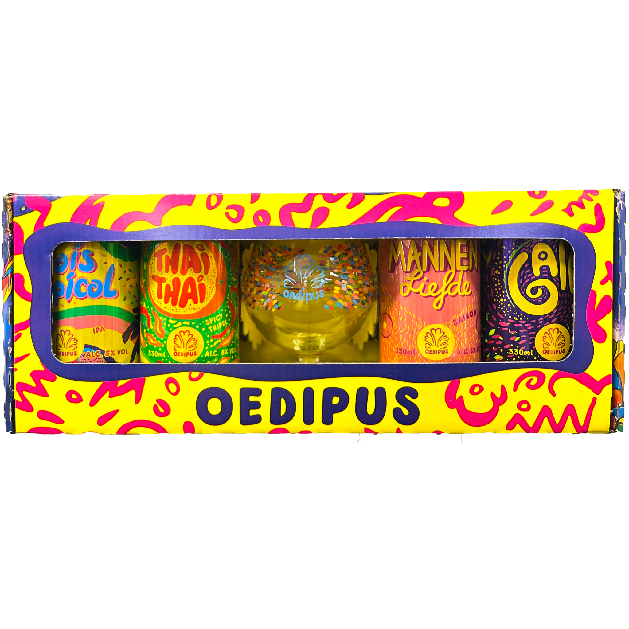Fles Oedipus giftpack 4 blik + glas, bier van Oedipus, bij slijterij ’t Bockje in Bathmen
