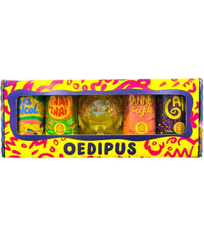 Fles Oedipus giftpack 4 blik + glas, bier van Oedipus, bij slijterij t Bockje in Bathmen