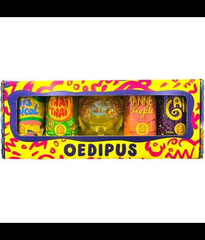 Fles Oedipus giftpack 4 blik + glas, bier van Oedipus, bij slijterij t Bockje in Bathmen
