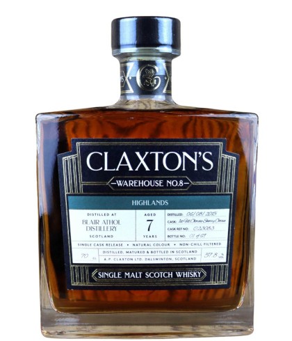 Fles Claxton’s Warehouse No.8 Blair Athol 7 Years Old, single malt whisky, op voorraad bij slijterij t Bockje in Bathmen