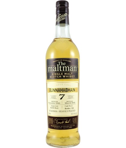 Fles The Maltman Bunnahabhain 10 Years Old, enkel vat gebotteld door The Maltman uit Glasgow, op voorraad bij slijterij t Bockje in Bathmen