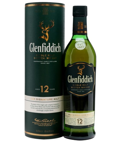 Fles Glenfiddich 12 Years Old Single Malt Whisky, whisky, op voorraad bij slijterij t Bockje in Bathmen