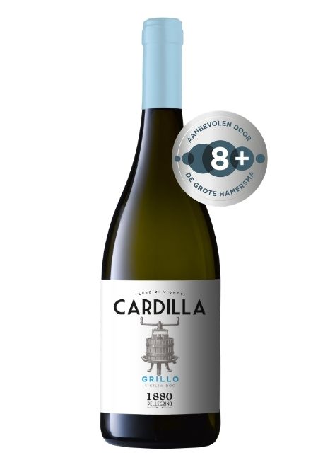 Fles Pellegrino Cardilla Grillo, wijn, op voorraad bij slijterij ’t Bockje in Bathmen