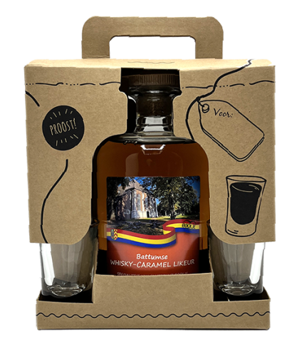 Geschenk Battumse Whisky-Caramel Likeur Geschenkverpakking met 2 Shotglaasjes, bij slijterij ’t Bockje in Bathmen