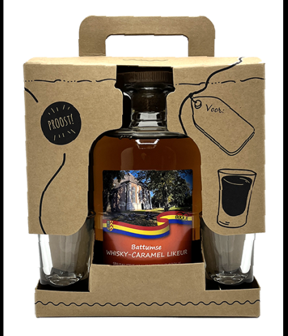 Geschenk Battumse Whisky-Caramel Likeur Geschenkverpakking met 2 Shotglaasjes, bij slijterij ’t Bockje in Bathmen