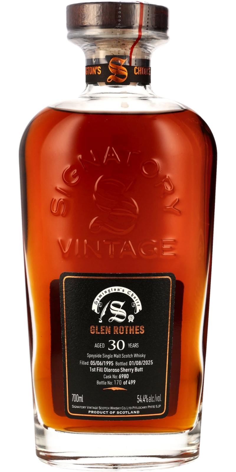 Fles Signatory Cask Strength Collection Glenrothes 30 Years Old #6980, enkel vat gebotteld door Signatory Vintage, op voorraad bij slijterij t Bockje in Bathmen