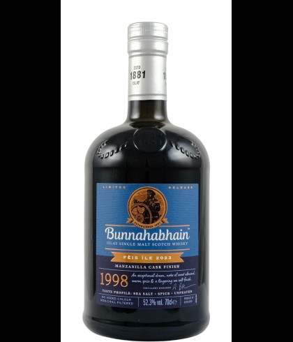 Fles Bunnahabhain 1998 F&egrave;is &Igrave;le 2023, single malt whisky, op voorraad bij slijterij t Bockje in Bathmen