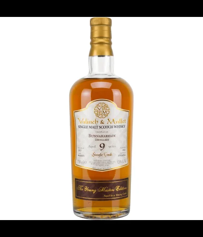 Fles Valinch en Mallet Bunnahabhain 9 Years Old, enkel vat gebotteld door Valinch en Mallet, op voorraad bij slijterij t Bockje in Bathmen
