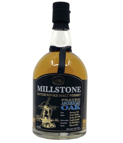 Fles Millstone Peated American Oak, Nederlandse whisky van Zuidam Distillers, op voorraad bij slijterij t Bockje in Bathmen
