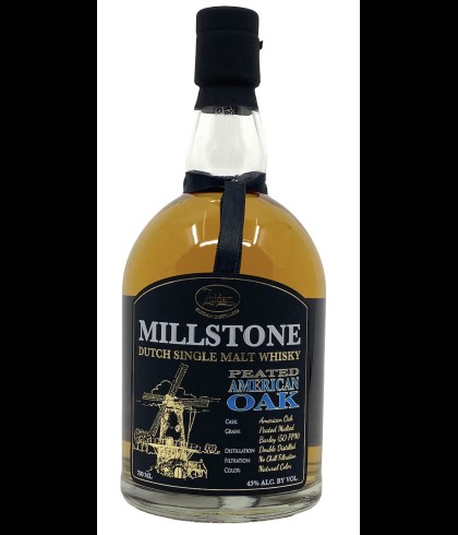 Fles Millstone Peated American Oak, Nederlandse whisky van Zuidam Distillers, op voorraad bij slijterij t Bockje in Bathmen