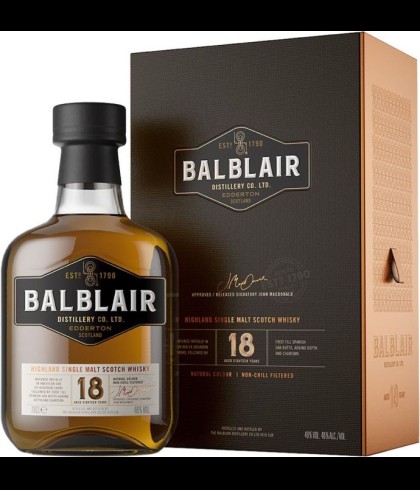 Fles Balblair 18 Years Old, single malt whisky, op voorraad bij slijterij t Bockje in Bathmen